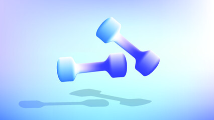 Two purple and blue dumbbells floating over surface. Workout concept. Physical training or fitness exercise 