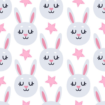 Print with the faces of gray bunnies and pink stars isolated on a white background. Rabbit seamless pattern. Cute easter children's vector illustration.