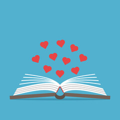 Book with hearts. Love, reading, hobby, education, romantic literature or interesting story concept. Flat design. Vector illustration. EPS 8, no gradients, no transparency