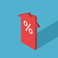 Isometric house shaped arrow, percent sign. Interest rate, real estate, investment, construction, growth and mortgage concept. Flat design. Vector illustration. EPS 8, no gradients, no transparency