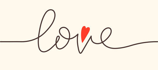 The word love written in one line. With a small heart-shaped accent graphic element. For the design of banners and cards for Valentine's Day, Mother's Day and all the holidays of love and family.