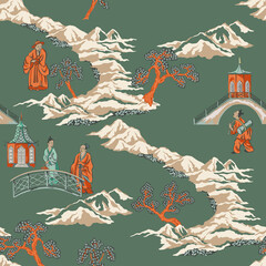 Vintage landscape, pagoda, tree, mountain seamless pattern. Exotic wallpaper.