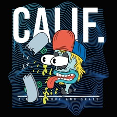 Illustration vector skate cartoon with skateboard and text California, Cool Gradient texture