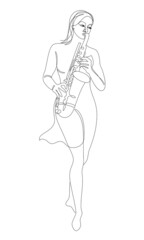 Silhouette of beautiful woman playing saxophone in continuous line modern style. Saxophonist girl, slim. Aesthetic decor sketches, posters, stickers, logo. set of vector illustrations.