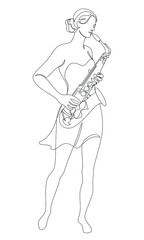 Fototapeta na wymiar Silhouette of beautiful woman playing saxophone in continuous line modern style. Saxophonist girl, slim. Aesthetic decor sketches, posters, stickers, logo. set of vector illustrations.