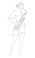 Silhouette of beautiful woman playing saxophone in continuous line modern style. Saxophonist girl, slim. Aesthetic decor sketches, posters, stickers, logo. set of vector illustrations.