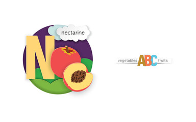 The letter N stands for nectarine. Delicious fruit and vegetable alphabet using paper cut technique.