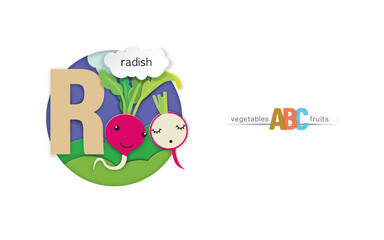 The letter R stands for radish. Delicious fruit and vegetable alphabet using paper cut technique.