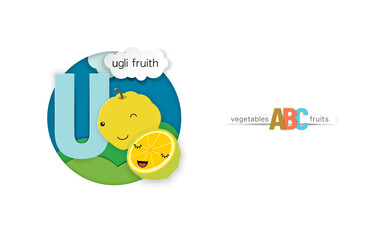 The letter U stands for ugli fruith. Delicious fruit and vegetable alphabet using paper cut technique.