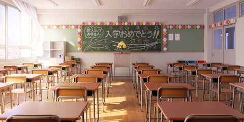 黒板にチョークでメッセージが描かれた入学式当日の教室 / 学園ロケーション / 陽光と春風に包まれた新しい学園生活のコンセプトイメージ / 3Dレンダリンググラフィックス