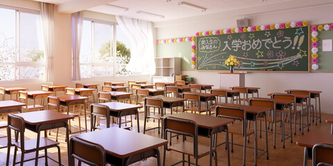 黒板にチョークでメッセージが描かれた入学式当日の教室 / 学園ロケーション / 陽光と春風に包まれた新しい学園生活のコンセプトイメージ / 3Dレンダリンググラフィックス