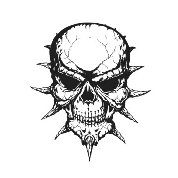 Evil Demon Horned Skull. Print or Tattoo Design. Hand Drawn Vector Illustration
