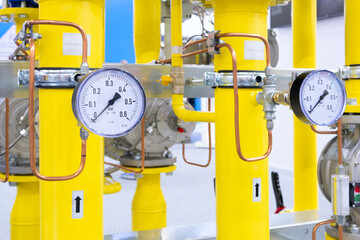 Pressure meters on natural gas pipeline.