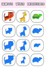 Find a shadow  tiger, giraffe, turtle. Match   toy  with correct shadow Preschool worksheet, kids activity worksheet, printable worksheet