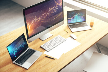 Computer monitor with abstract financial graph, finance and trading concept. 3D Rendering