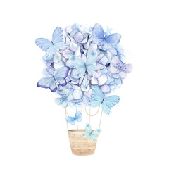 Blue aerostat balloon flowers and butterfly. Watercolor hydrangea. Floral print for wedding card. Hand drawn illustration