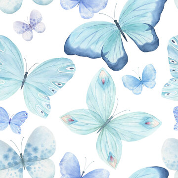 Watercolor seamless pattern with colorful butterflies. Insect print on white background. Hand drawn illustration