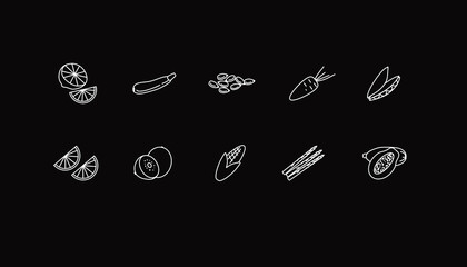 10 healthy food icons on black background