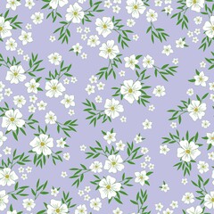 Fototapeta na wymiar Seamless vintage pattern. White flowers, green leaves. Lilac background. vector texture. fashionable print for textiles, wallpaper and packaging.