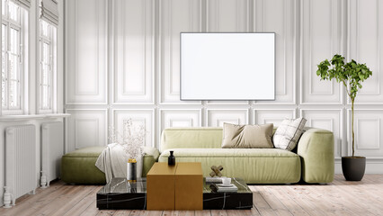 Modern interior of a room with an empty painting. Sofa and large window, wooden floor and wall. Clean lines of interior design. 3D rendering