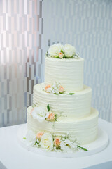 Delicious sweet layered fresh cake for the holiday with beautiful decorations