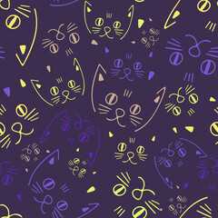 Seamless colorful vector pattern design of lined ornamental cartoon abstract cats snouts