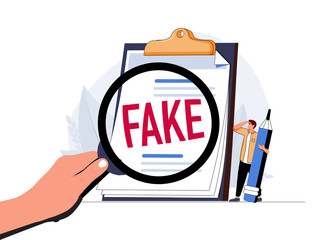 Fake document, wrong information verification or fake news inspection, fraud and illegal reports concept, smart. - obrazy, fototapety, plakaty