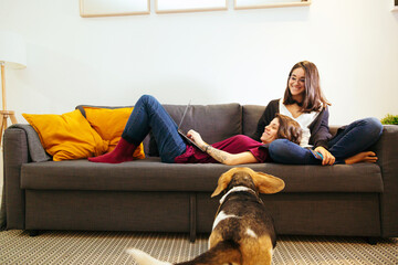 lesbian couple with dog on the couch with laptop