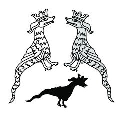Vector isolated design set of black and white dragons, lined and silhouette. The design is perfect for character design, stickers, decorations, coloring, cards