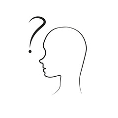 Abstract illustration of a head with question sign. Concept of looking for answers or ideas searching, making choice. Linear style design.