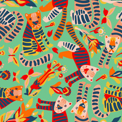Seamless vector pattern design of a cute tiger with decorative flowers in green and yellow tones. The design is perfect for textiles, stationery, wrapping paper, wallpaper, home and children textiles