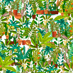 Colorful seamless pattern design illustration decorative cartoon pots with tropical plants. Cute decorative design. Perfect for decorations, stickers, cards, postcards, banners, posters