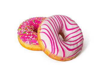Fototapeta na wymiar Two doughnuts with multicolored glaze on a white background