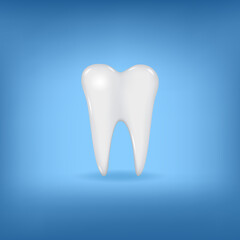 vector illustration of a realistic white tooth on a blue background. 3d healthy clean tooth with root. caries prevention. dentistry concept. tooth icon