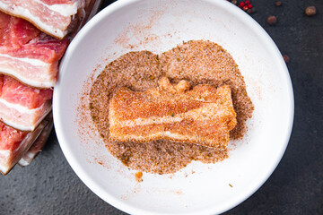 belly meat bacon piece meat layers fat lard fresh pork meat pickling in spices fresh portion meal food snack on the table copy space food background rustic top view