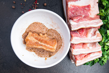 belly meat bacon piece meat layers fat lard fresh pork meat pickling in spices fresh portion meal food snack on the table copy space food background rustic top view