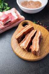 belly meat bacon piece meat layers fat lard fresh pork meat pickling in spices fresh portion meal food snack on the table copy space food background rustic top view