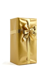 Gift box with golden bow isolated on white