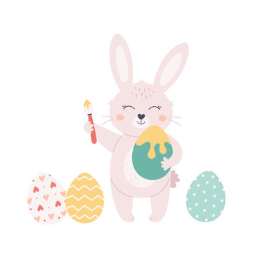 Bunny painting Easter eggs. Happy Easter. Hand drawn vector illustration