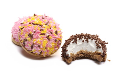 Different marshmallows biscuit with cocoa and colorful sprinkles isolated on white 