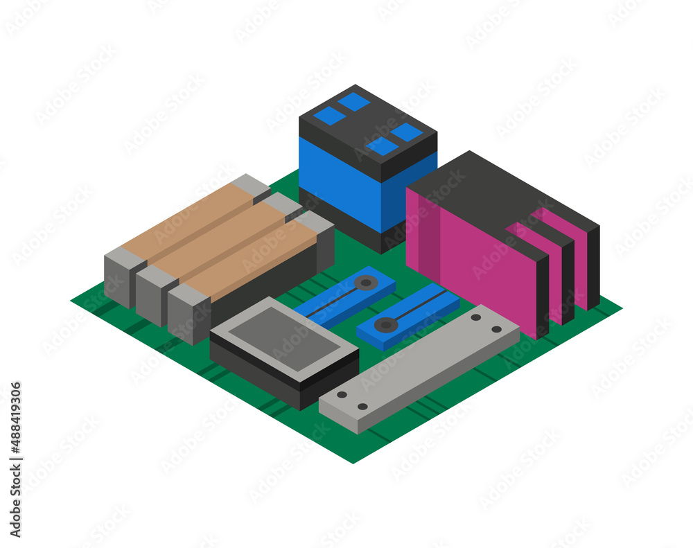 Aufkleber isometric circuit board with electronic components. computer chip technology processor circuit and c