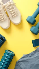 Foto auf Acrylglas Fitness Feminine sport shoes, dumbbells, fitness tape, sportswear, fitness roller on yellow background top view. Sport blog vertical banner design
