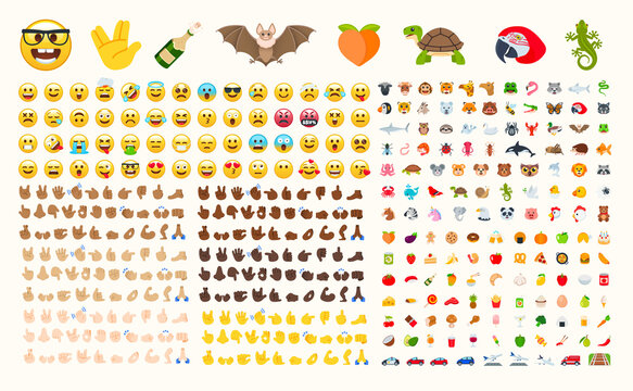 All type of emojis in one big set. Hands, gesture, people, animals, food, transport, activity, sport emoticons. Smiley big collection.