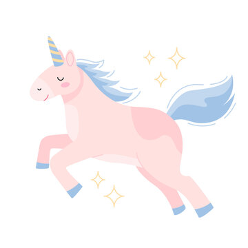 Cute cheerful pink unicorn character. Baby vector illustration in cartoon style isolated on white background. Fabulous magical creature element for design, postcards, poster