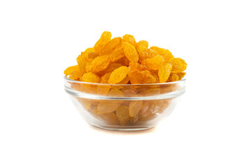 Dried raisins in a plate isolated on a white background.