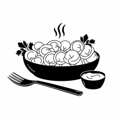 Russian pelmeni. Meat dumplings on plate with sour cream and sprig of parsley, fork. Food. National dishes. Black silhouette and line isolated on white background.