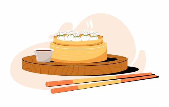 recommend clip art: Asian food - dim sum in Steamer, chopsticks and sauce. Chinese wontons, traditional kitchen. Vector trendy illustration