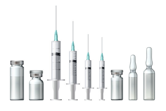 Set of Realistic Bottles and Syringes. Coronavirus Vaccine, Botox, Filler, Hyaluronic Acid Closeup.