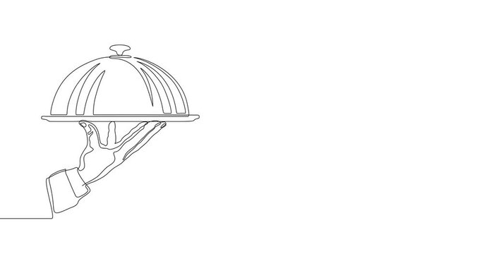 Animation of an image drawn with a continuous line. Hand holding tray for hot dishes.