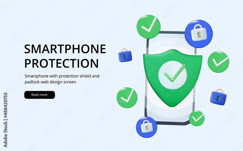 Poster web banner with 3d render illustration od a smartphone with protection shield and padlock. user data